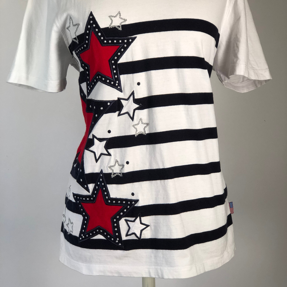 Karen Scott Sport Womens Patriotic Knit Top PM Stars Striped Beaded T-Shirt - Picture 2 of 10